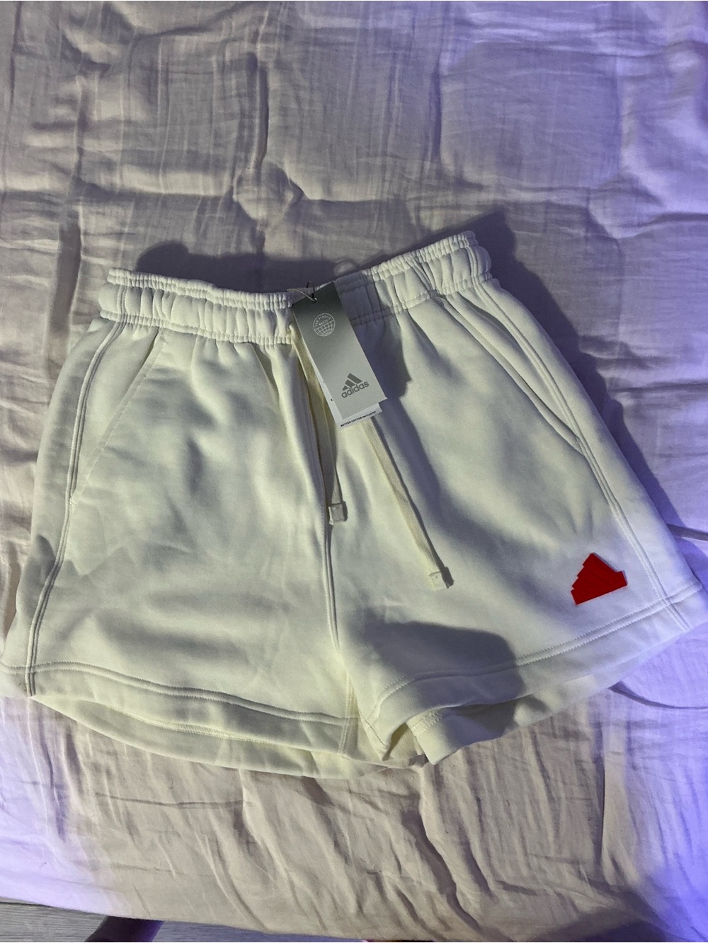 adidas Cream Athletic Drawstring Shorts with Red Logo